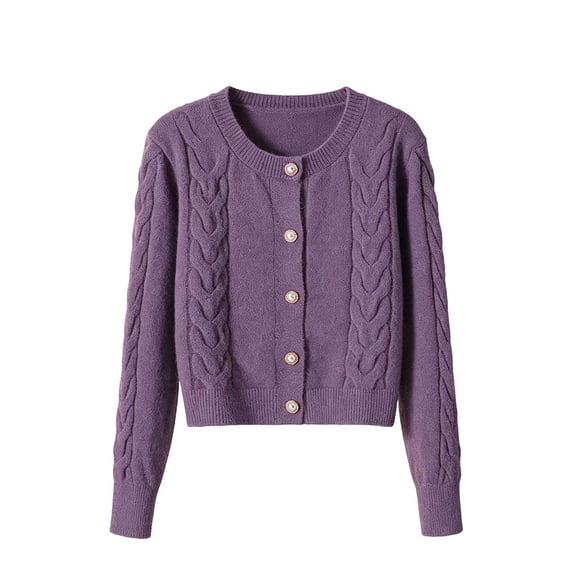 Vynhevius Women's Crew Neck Sweater Cable Knit Solid Pearl Button Down Cropped Fall Winter Casual Tops