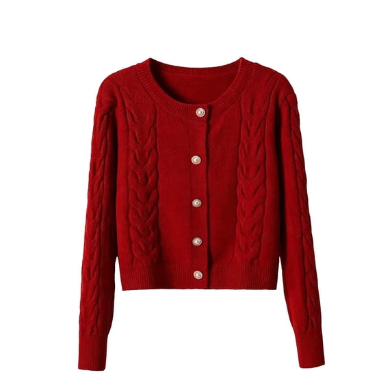 Vynhevius Women's Crew Neck Sweater Cable Knit Solid Pearl Button Down Cropped Fall Winter Casual Tops