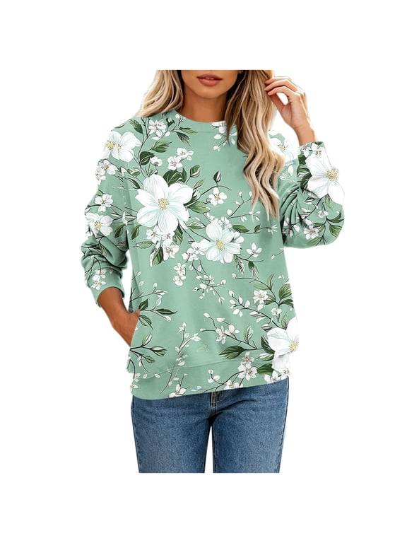 Women's Crew Neck Sweatshirt Floral Loose Fit Casual Long Sleeve Pullover Tops