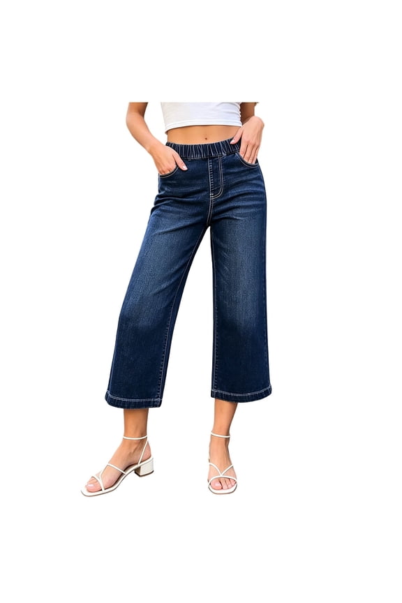 Women's Cropped Jeans Solid Button Fly Loose Fit with Pockets Casual Relaxed Fit Denim Pants