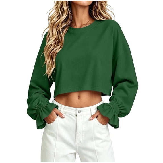 Vynhevius Women's Cropped Sweatshirt Solid Crew Neck Long Sleeve Ruffle Cuff Loose Casual Pullover Top