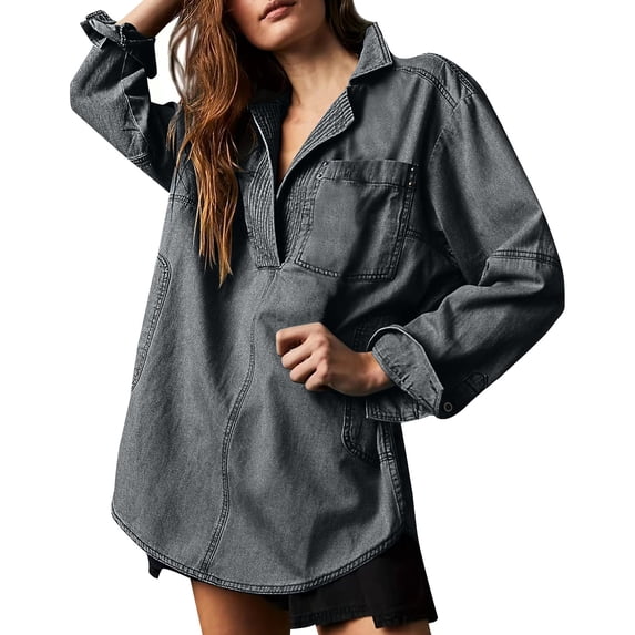 Poclets Vynhevius Women's Denim Jacket V Neck Long Sleeve Half Button With ...