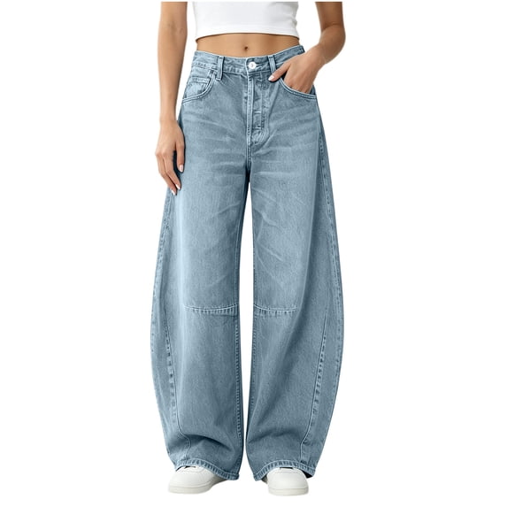 Vynhevius Women's Denim Jeans Loose Barrel Wide Leg Pockets Stretch Long Pants