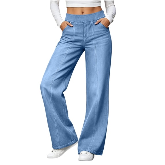 Vynhevius Women's Denim Jeans Solid Straight Leg Multi Pockets Elastic Waist Long Trousers