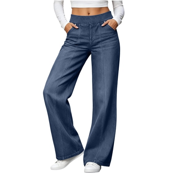 Vynhevius Women's Denim Jeans Solid Straight Leg Multi Pockets Elastic Waist Long Trousers