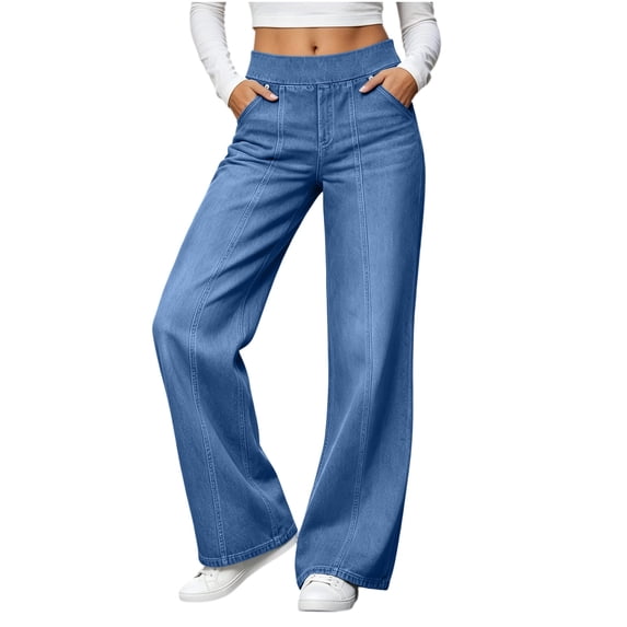 Vynhevius Women's Denim Jeans Solid Straight Leg Multi Pockets Elastic Waist Long Trousers