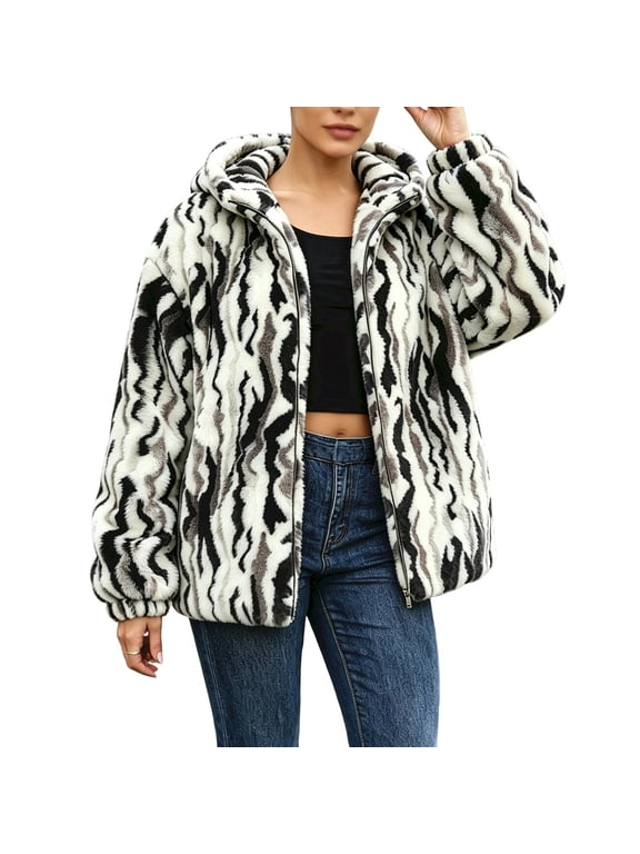 Women's Fleece Coat Zebra Print Hooded Long Sleeve Full Zip Oversized Warm Outerwear