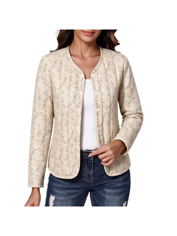 Women's Floral Print Quilted Jacket Long Sleeve Casual Outerwear With Buttons