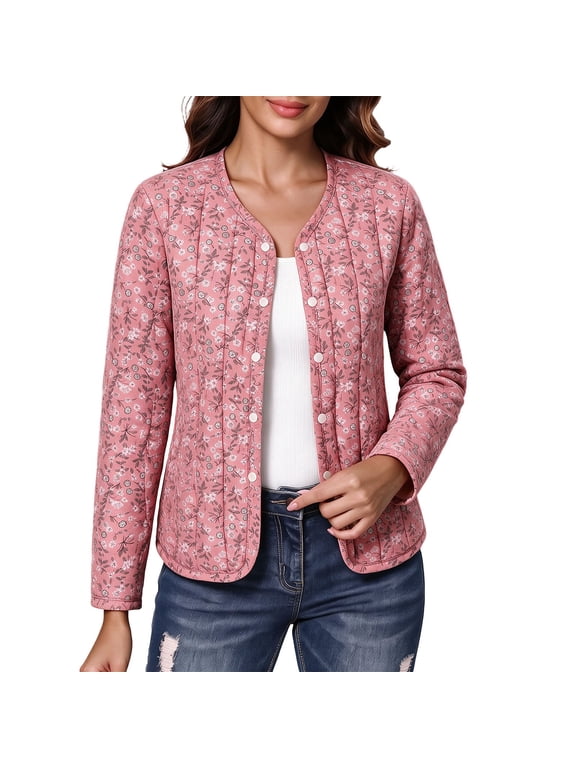 Women's Floral Print Quilted Jacket Long Sleeve Casual Outerwear With Buttons