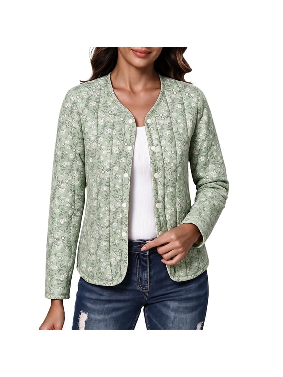 Women's Floral Print Quilted Jacket Long Sleeve Casual Outerwear With Buttons