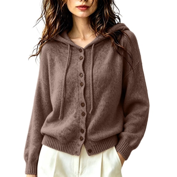 Vynhevius Women's Hooded Cardigan Sweater Solid Knit Button Down Loose Fit Soft Casual Daily Wear Tops