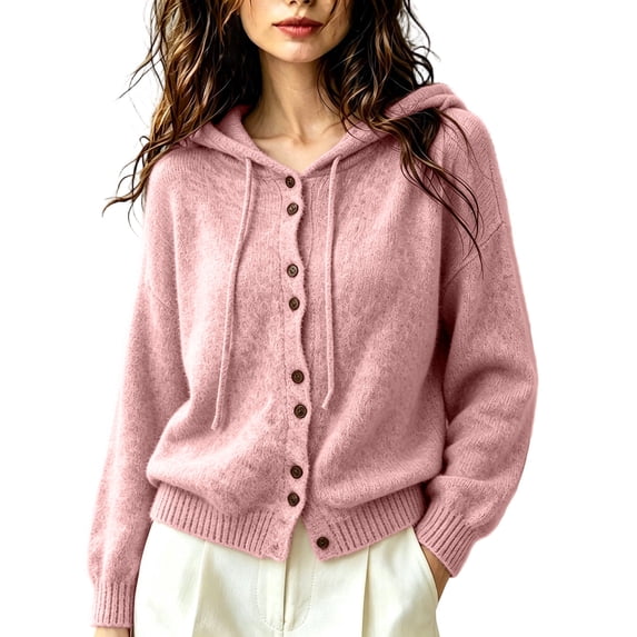 Vynhevius Women's Hooded Cardigan Sweater Solid Knit Button Down Loose Fit Soft Casual Daily Wear Tops