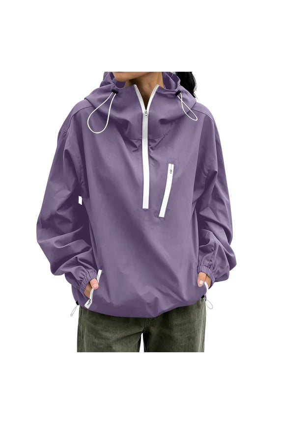 Women's Hooded Windbreaker Jacket Solid Half Zip Pocketed Drawstring Hood Waterproof Casual Long Sleeve Outerwear Tops