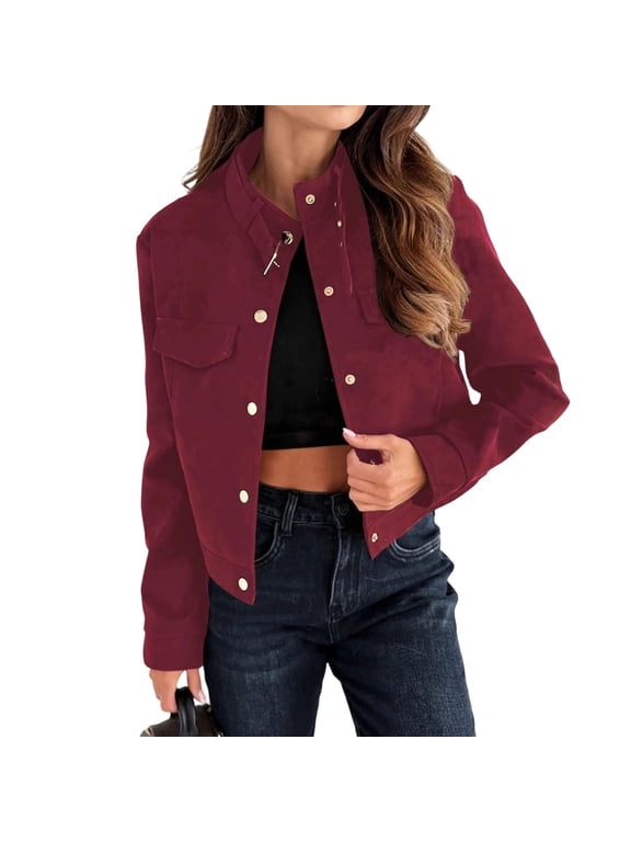 Women's Jacket Solid Lapel Stand Up Collar Long Sleeve Loose Outerwear With Pockets