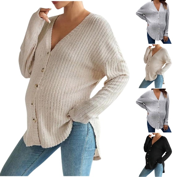 Vynhevius Women's Maternity Cardigan Sweater V Neck Button Down Solid Ribbed Knit Drop Shoulder Casual Sweater Outerwear