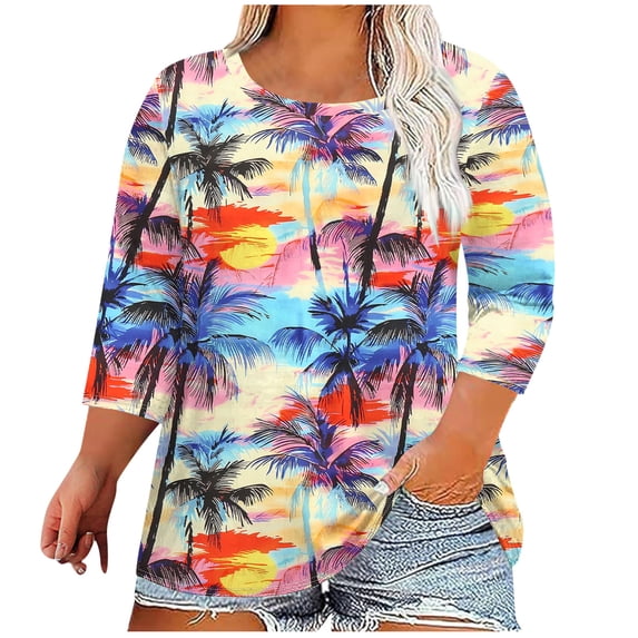 Vynhevius Women's Plus Size 3/4 Sleeve Tops Crew Neck Printed Casual Loose Fit Summer Blouses Shirts Pullover