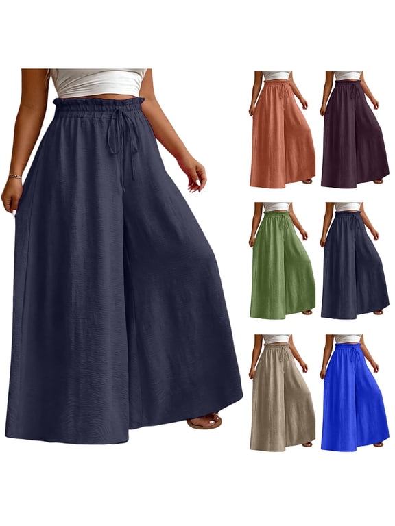 Women's Plus Size Palazzo Pants Wide Leg High Waist Elastic Waistband Casual Loose Trousers Flowy Solid Color
