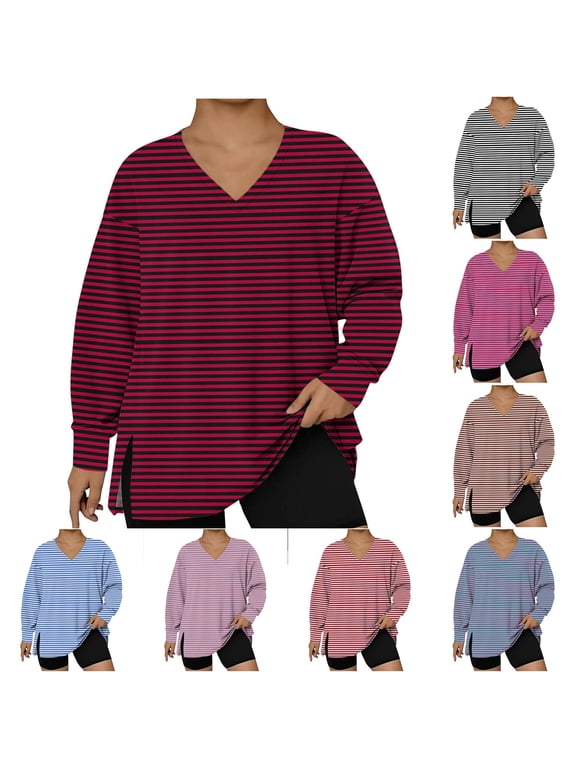 Women's Plus Size V Neck Long Sleeve Tops Striped Print Pullover Casual Loose Fit Side Slit Blouses Shirts