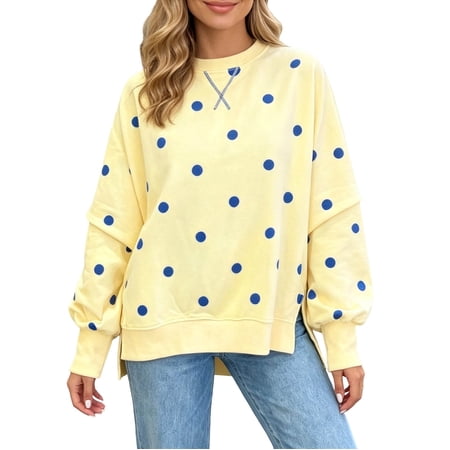 Vynhevius Women's Polka Dot Sweatshirt Crew Neck Long Sleeve Side Split Loose Fit Casual Pullover Tops