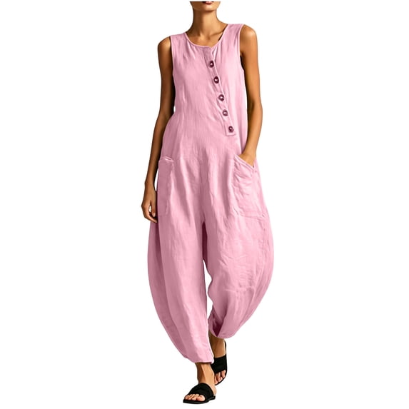 Vynhevius Women's Scoop Neck Jumpsuit Sleeveless Asymmetric Button Front Pockets Loose Harem One Piece
