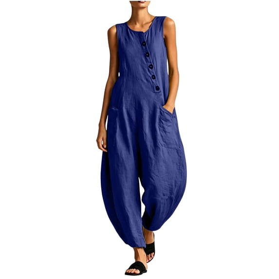 Vynhevius Women's Scoop Neck Jumpsuit Sleeveless Asymmetric Button Front Pockets Loose Harem One Piece