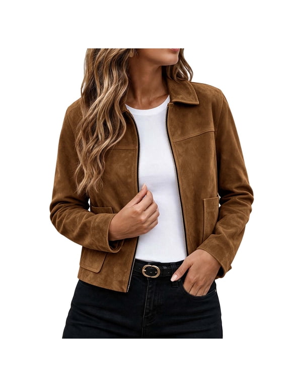 Women's Short Jacket Lapel Long Sleeve Zip‑Up Lined Outerwear With Pockets