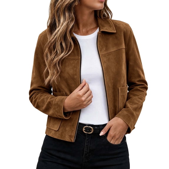Vynhevius Women's Short Jacket Lapel Long Sleeve Zip‑Up Lined Outerwear With Pockets