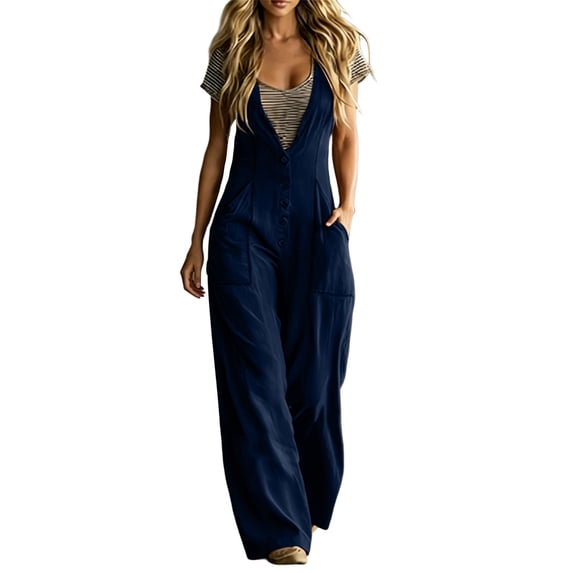 Vynhevius Women's Sleeveless Jumpsuit Deep V Neck Button Down Pockets Wide Leg Loose Fit Casual One Piece