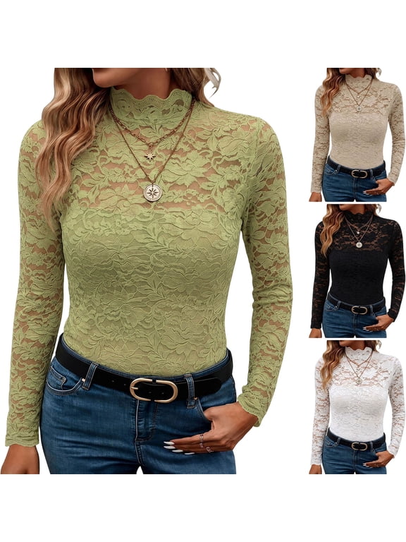 Women's Solid Blouse High Neck Long Sleeve Lace