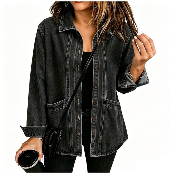 Vynhevius Women's Solid Denim Jacket Long Sleeve Loose Outerwear With Buttons And Pockets