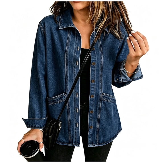 Vynhevius Women's Solid Denim Jacket Long Sleeve Loose Outerwear With Buttons And Pockets