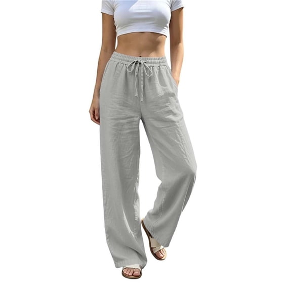 Vynhevius Women's Solid Pants Drawstring Elastic Waist Wide Leg Pockets Loose Casual Trousers