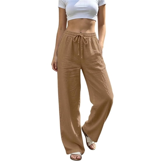 Vynhevius Women's Solid Pants Drawstring Elastic Waist Wide Leg Pockets Loose Casual Trousers