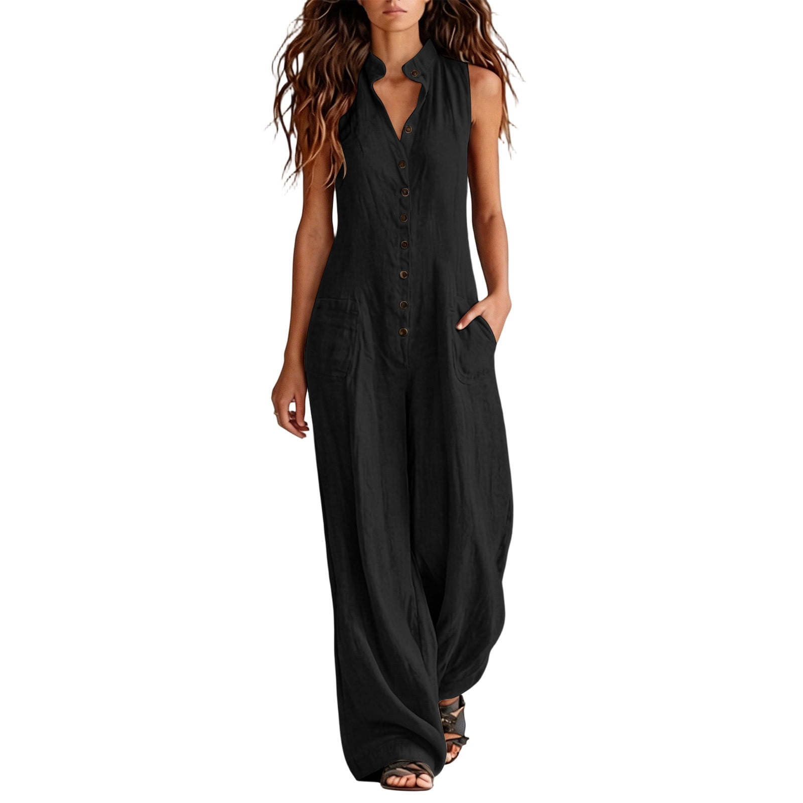 Vynhevius Women's Stand Collar Jumpsuit Sleeveless Button Front Pockets Wide Leg Casual One Piece
