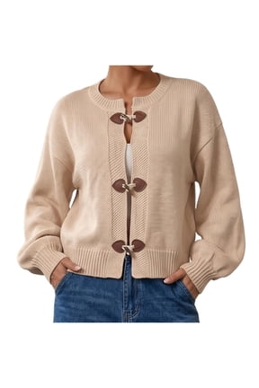 Women's Sweater Crew Neck Toggle Button Solid Long Sleeve Cropped Loose Fit Fall Casual Knit Tops