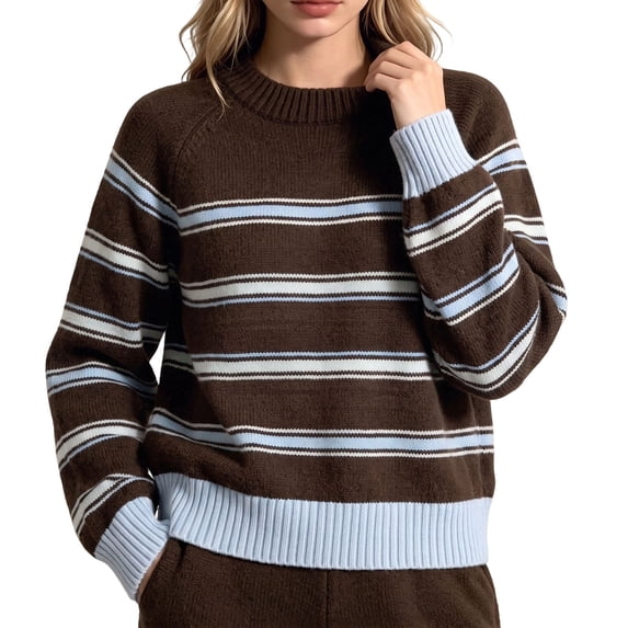 Vynhevius Women's Sweater Striped Round Neck Long Sleeve Knit Pullover Top