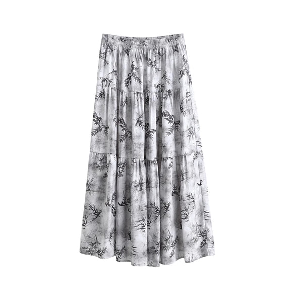 Vynhevius Women's Tiered Maxi Skirt Printed Elastic High Waist Summer Boho Casual Flowy Long Skirts