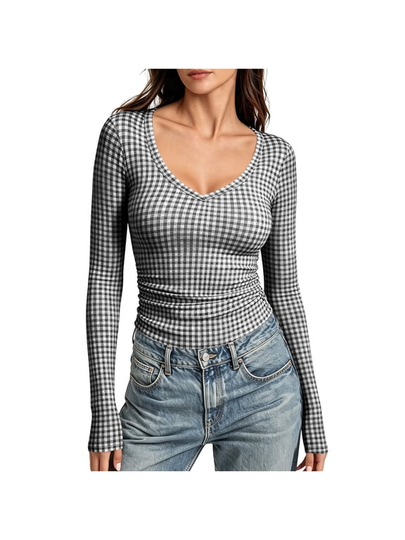 Women's Top Gingham Print V Neck Long Sleeve Fitted Casual Undershirt