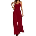 thumbnail image 1 of Vynhevius Women's V Neck Jumpsuit Adjustable Spaghetti Strap Button Detail Elastic Waist Wide Leg Casual One Piece, 1 of 6