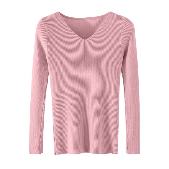 Vynhevius Women's V Neck Sweater Long Sleeve Ribbed Solid Slim Fit Stretchy Casual Layer Knit Tops