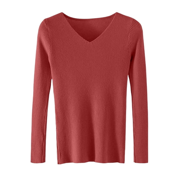 Vynhevius Women's V Neck Sweater Long Sleeve Ribbed Solid Slim Fit Stretchy Casual Layer Knit Tops