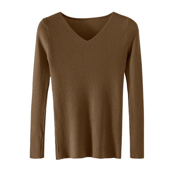 Vynhevius Women's V Neck Sweater Long Sleeve Ribbed Solid Slim Fit Stretchy Casual Layer Knit Tops