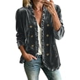 thumbnail image 1 of Vynhevius Women's Velvet Jacket Solid Long Sleeve Ruffle Trim Double Button With Pockets Casual Outerwear, 1 of 8