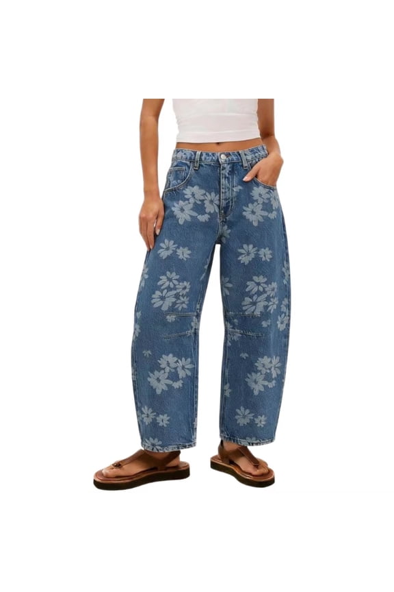 Women's Wide Leg Jeans Floral Pattern Mid Rise Loose Fit Boho Casual Full Length Denim Pants