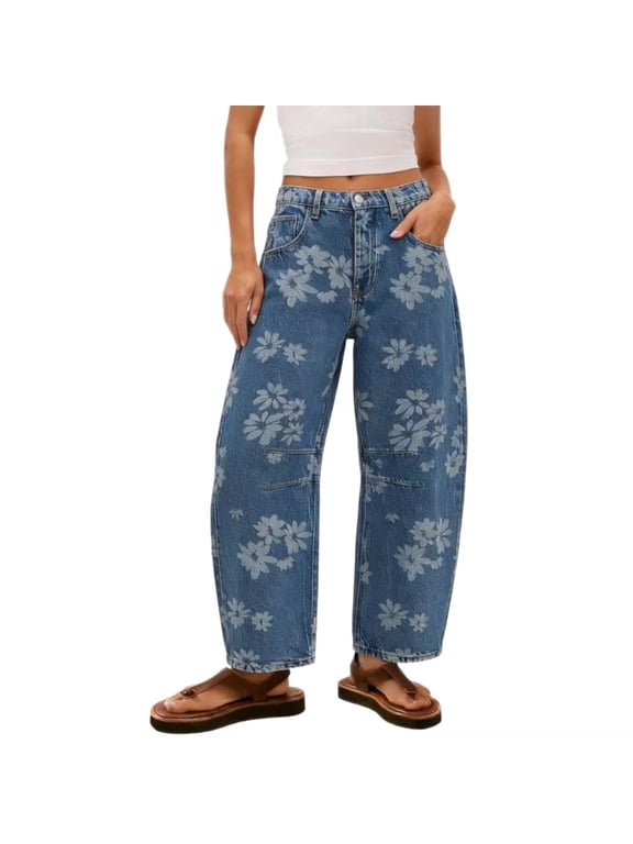 Women's Wide Leg Jeans Floral Pattern Mid Rise Loose Fit Boho Casual Full Length Denim Pants