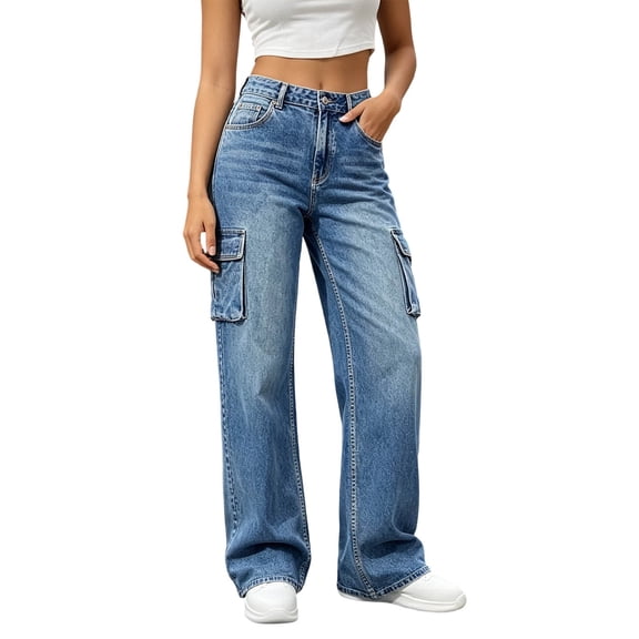 Vynhevius Women's Wide Leg Jeans Solid Button Fly Loose Fit with Pockets Casual Streetwear Full Length Denim Pants