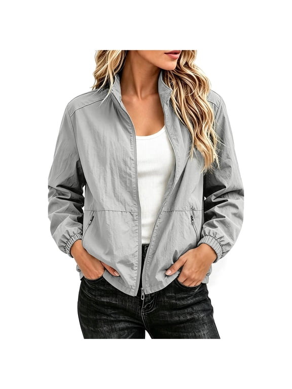 Women's Zip‑Up Jacket Solid Lapel Long Sleeve Open‑Front Outerwear With Pockets
