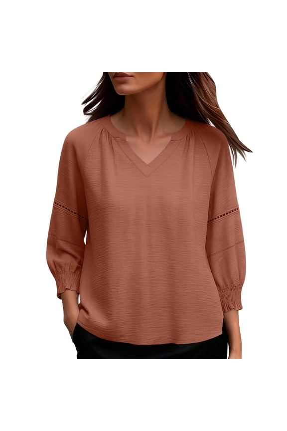 Womens 3/4 Bubble Sleeve Blouses Ruffle V Neck Eyelet Cutout Raglan Loose Pleated Casual Pullover Tops
