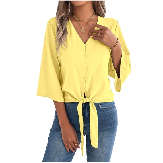 Vynhevius Womens 3/4 Sleeve Blouses V Neck Button Front Tie Hem Flared Solid Loose Casual Pullover Shirts