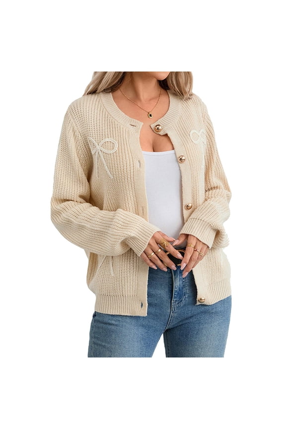 Womens Cardigans Sweater Crew Neck Button Front Bow Embroidery Rib Cuff Waffle Knit Solid Tops
